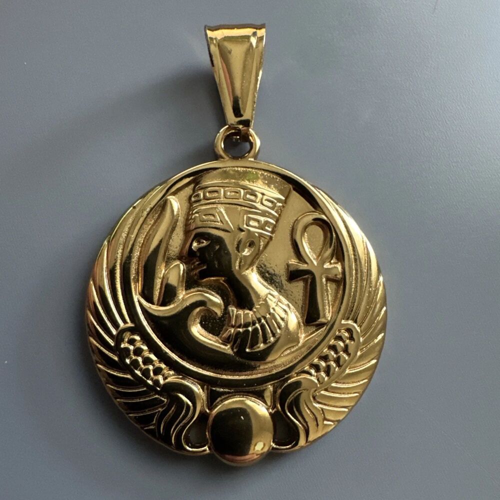 Gold Tone Egyptian Queen Nefertiti Pendant Necklace Ankh Wings Medallion Jewelry